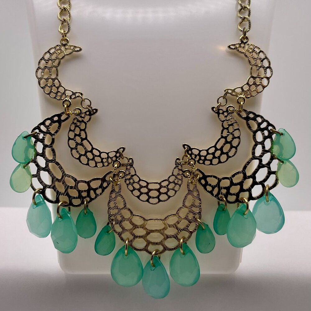 Stony Cresent Moon Necklace wirh Teal Beads